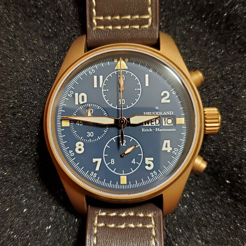 新品 HRUODLAND パイロットウォッチ クロノグラフ ブロンズ ミリタリー ブルー 青 メンズ腕時計 MIYOTA6S00