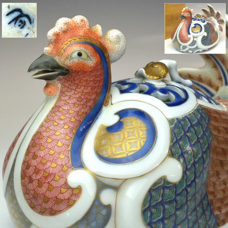 【趣楽】 希少　秀逸　明治時代　オールド香蘭社製　細密絵付鶏型香炉　幅２０，５ｃｍ　本物保証　Ｖ２００１