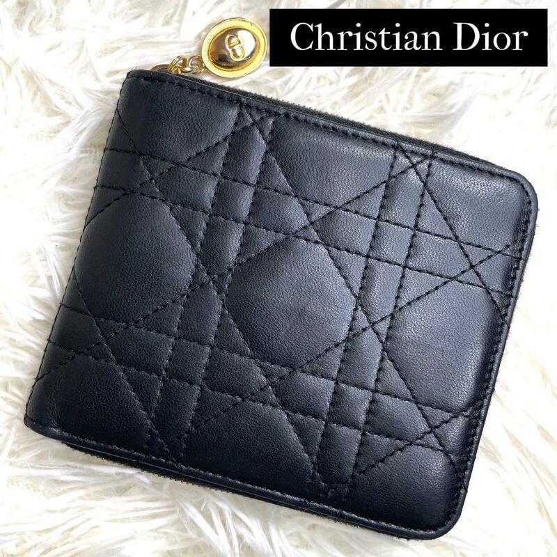 極美品 入手困難 / Christian Dior クリスチャンディオール カナージュコンパクトウォレット 二つ折り財布 ラウンド レザー ブラック