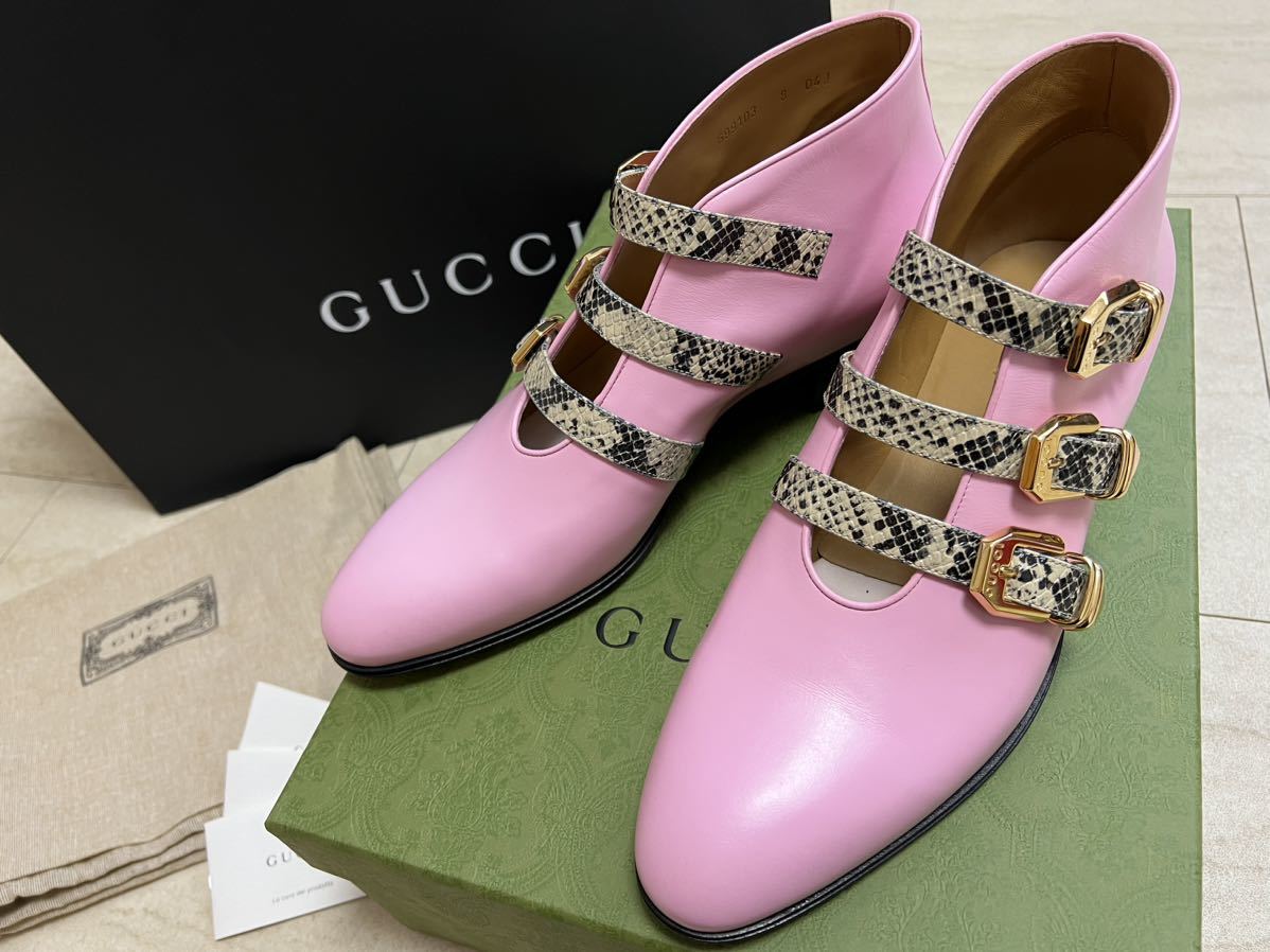 新品未使用品 グッチ GUCCI バックル アンクルブーツ パイソン柄 ストラップ HOLLYWOOD ピンク 8 27cm メンズレザー ヒール 定価18万