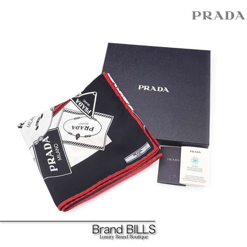 未使用品 PRADA プラダ ツイル スクエア スカーフ 1FF001 ブラック ホワイト シルク ロゴ柄 大判