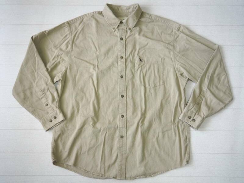 ☆送料無料☆ Eddie Bauer エディーバウアー USA直輸入 古着 長袖 ロゴ 胸ポケット付き ボタンダウン シャツ メンズ L カーキ 中古 即決