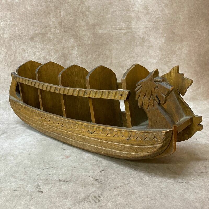 木製 舟 飾り バイキング 船 置物 木彫り 全長約60cm 現状品 オブジェ