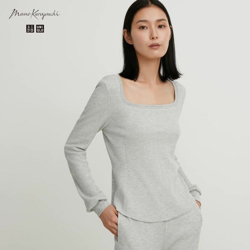 sale!新品タグ付☆UNIQLO×マメクロゴウチ☆ヒートテックウールブレンドワッフルスクエアネックT（極暖）XL灰