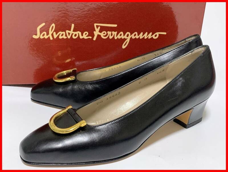即決 展示品 Salvatore Ferragamo フェラガモ 6≒23cm パンプス 黒 ブラック レディース F