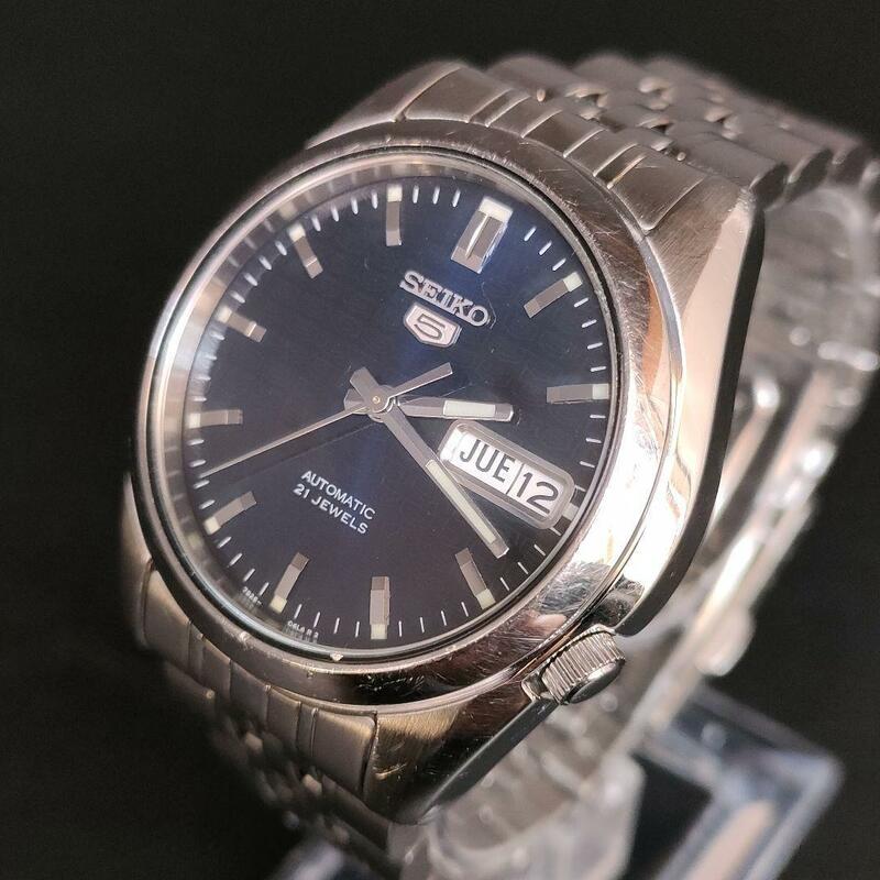 美品【稼働品】SEIKO5セイコーファイブ　ネイビー　シルバー　自動巻き　裏スケ