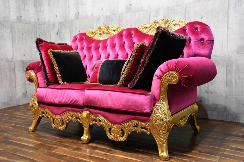 CLC46 猫脚 レリーフ ロココ様式 2人掛けソファ 金箔/ゴールド ピンク ベルベット クッション付き 六本木アピス イタリアンソファ 長椅子
