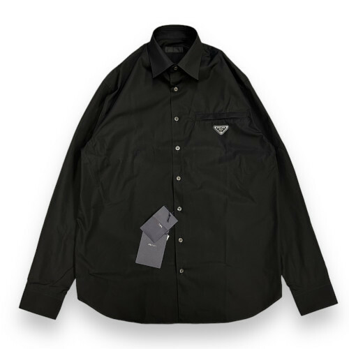 新品 Sサイズ PRADA トライアングル ロゴ ジップポケット ボタンシャツ ブラック プラダ