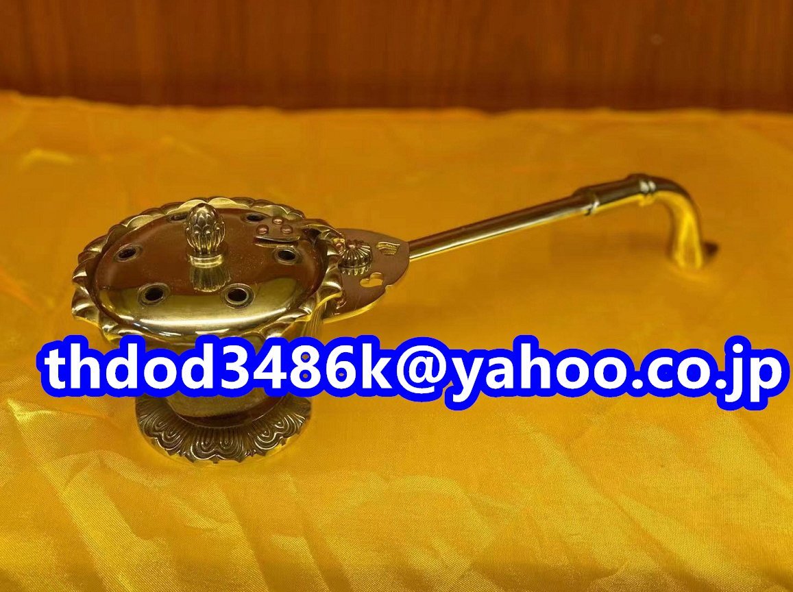 「密教法具 寺院用仏具」真言宗 蓮華型柄香炉 仏教美術 銅製 磨き仕上げ 長さ29cm