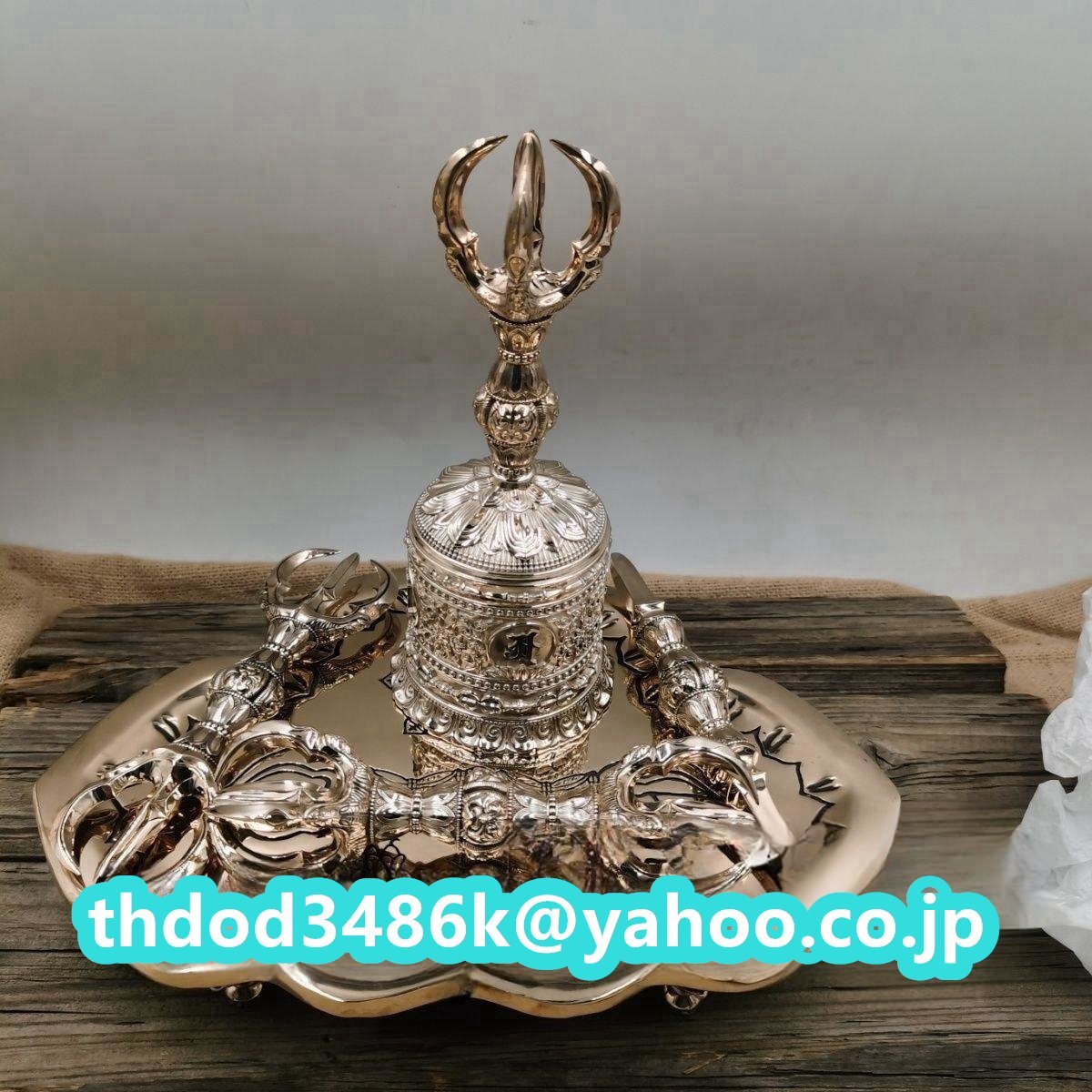 「密教法具 寺院用仏具」極上品 真言宗 鬼面型 独鈷杵/三鈷杵/五鈷杵/五鈷鈴/金剛盤 5点 仏具 銅製 磨き仕上げ 長さ16cm