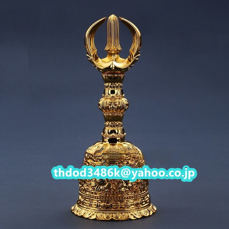 「密教法具 寺院用仏具」真言宗 三鈷鈴 金剛鈴 仏教工芸品 筋彫り 真鍮製 24K 金メッキ加工 蓮華型法具