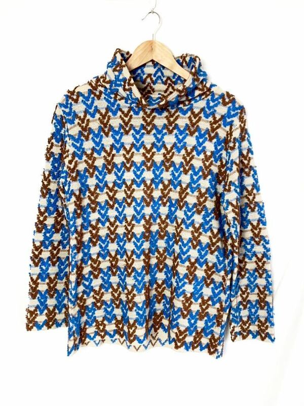 60s USA製 ビンテージ ジャガード 飾り編み タートルネック ニットセーター マルチカラー カットソー 長袖 モックネック 総柄