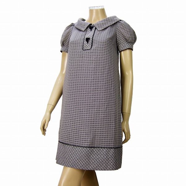 OP)新品同様*エムズグレイシー M'SGRACY★チェック織柄★黒レース×ハートロゴ釦★令嬢パフスリーブワンピース★38(9号 Ｍサイズ)日本製