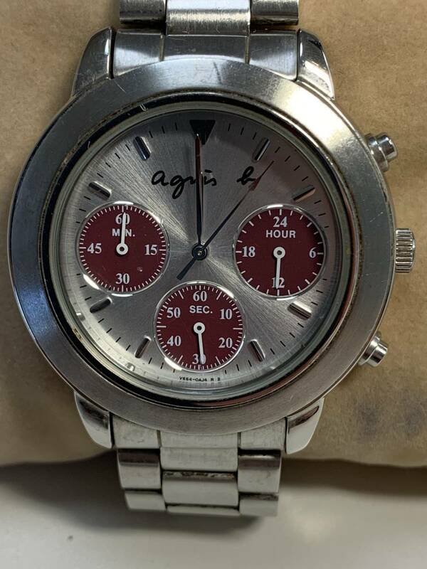 Ｌ035　稀少・レア　腕時計　agnis b./アニエスベー　V654-6100 クロノグラフ　クォーツ　ラウンド　アナログ　シルバー×レッド