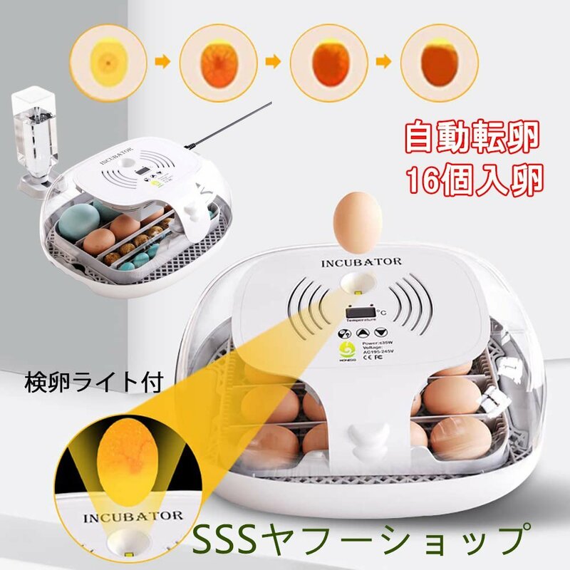 自動孵卵器 インキュベーター 検卵ライト付き 孵化器 自動転卵式 16個入卵 大容量 デジタル表示 自動温度制 湿度保持 子供教育用 家庭用