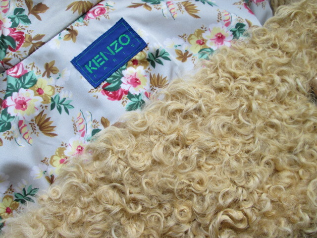 「KENZO・ケンゾー」最高級カーリーカルガンラム毛皮フード付セミロングコート／大きめサイズ・裏地全面花柄