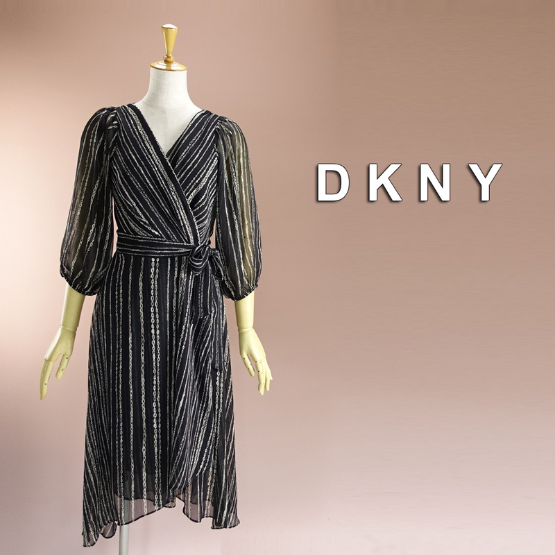 新品 DKNY 10/15号 ダナキャラン 黒 白 シフォン ワンピース パーティドレス 長袖 結婚式 二次会 フォーマル お呼ばれ 発表会 輝47F1103