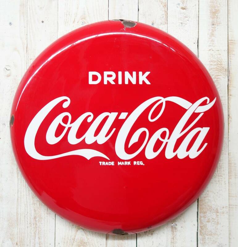 レトロコレクション 当時物＊Coca-Cola コカコーラ＊大型61cm ビックボタンサイン　丸型看板　琺瑯看板＊レア ヴィンテージ アンティーク