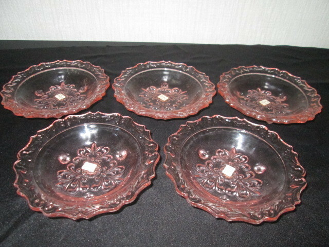 レトロ　TOYO GLASS　皿　５枚　ベビーピンク　プレスガラス　東洋ガラス