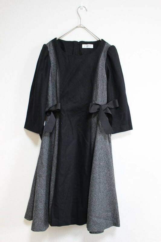 4629 美品 K-garden ケイガーデン KIRIYAMA キリヤマ リボン ツイード ワンピース フレアースカート 黒 ブラック グレー Sサイズ相当