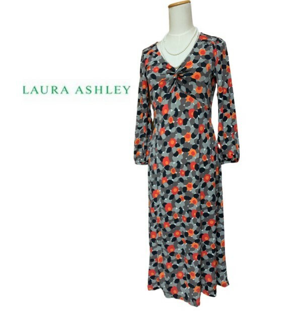 LAURA ASHLEY【ローラアシュレイ】オレンジ花柄 ストレッチ ワンピース 7号