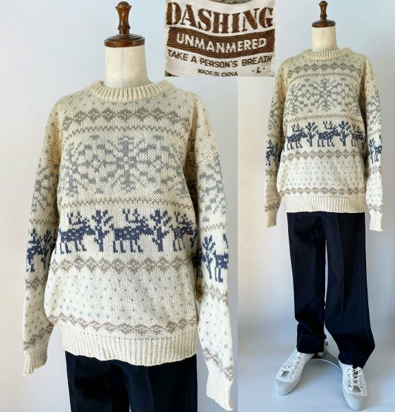 ★【希少 国内正規品】DASHING UNMANMERED PERSON'S ざっくり ミドルゲージ 雪 トナカイ柄 ニット セーター Lサイズ アイボリー系