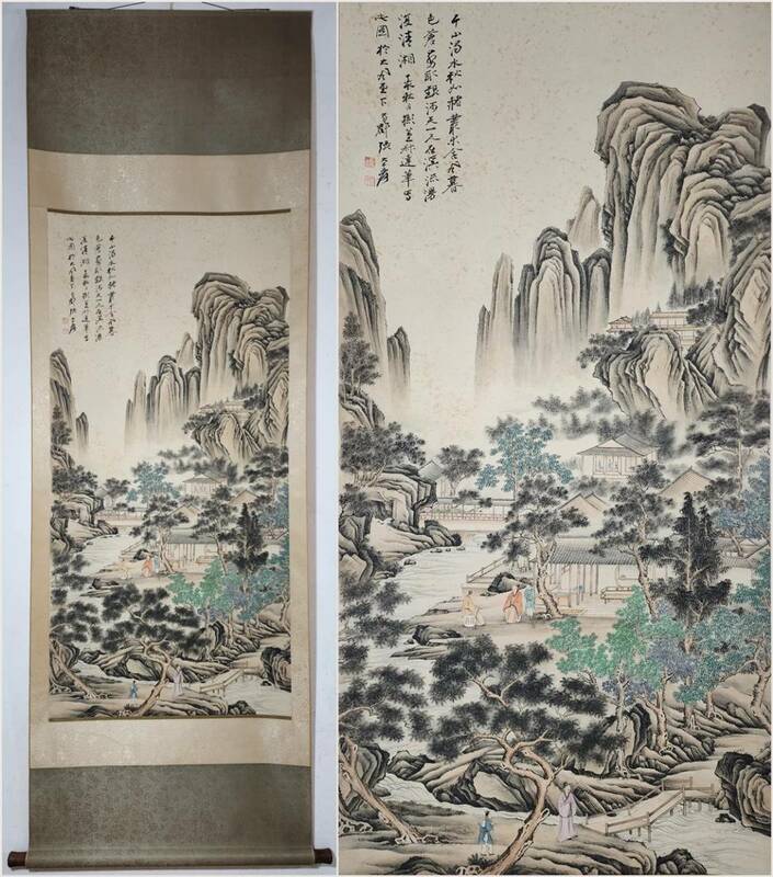 古美術 掛け軸 中国・近現代 張大千書 「秋山暮渓図」 紙本 立軸 書道 巻き物 真筆逸品 肉筆保証 唐物 古画 LT-24060