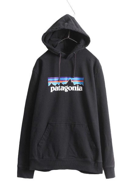 19年製 パタゴニア プリント スウェット フード パーカー メンズ L Patagonia トレーナー プルオーバー フィッツロイ アウトドア 黒 裏起毛