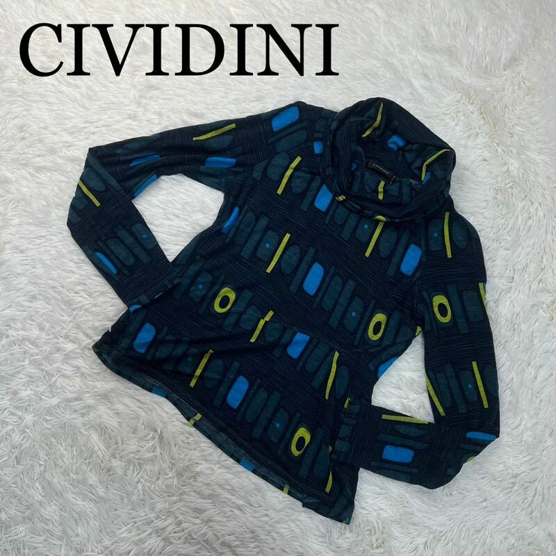 CIVIDINI チヴィディーニ 長袖シャツ ロンT タートルネック 総柄 サイズ44 紺緑色系