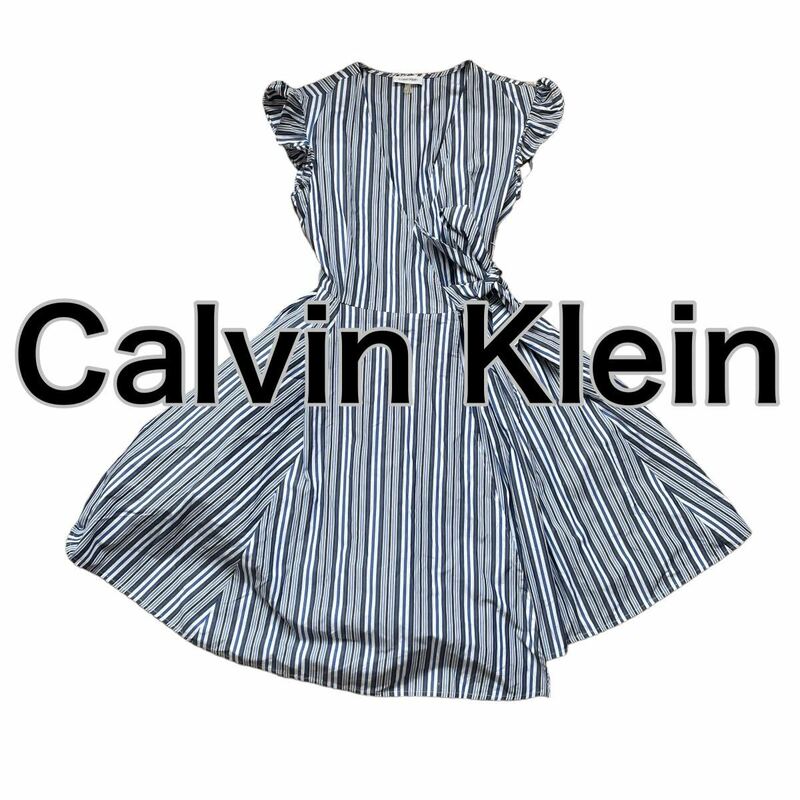 Calvin Klein カルバンクライン 長袖シャツワンピース ストライプ ブルー青 M ベルトリボン フレア 