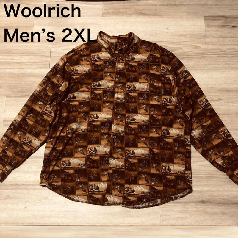 【送料無料】Woolrich長袖シャツ　オレンジ茶系総柄　メンズ2XLサイズ　ウールリッチ大きいビッグサイズ