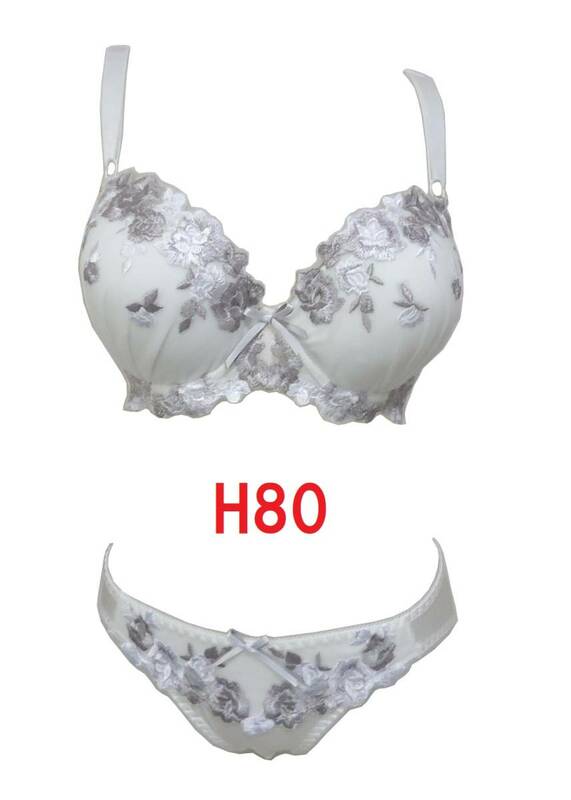 H80/Ｌ・ホワイト　大花柄刺繍ブラジャー＆ショーツ　グラマーカップ　補正下着　Hカップ　大きいサイズ