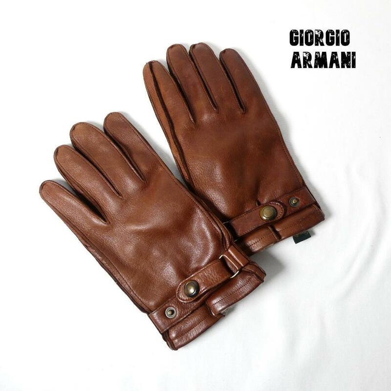 良品 綺麗 GIORGIO ARMANI ジョルジオアルマーニ レザー カシミヤ 手袋 グローブ 茶 ブラウン