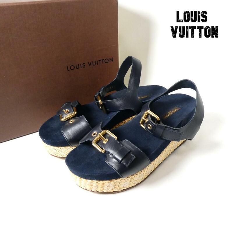 美品 Louis Vuitton ルイヴィトン サイズ35.5 モノグラム レザー スエード アンクルストラップ ウェッジソール サンダル ネイビー ブラック