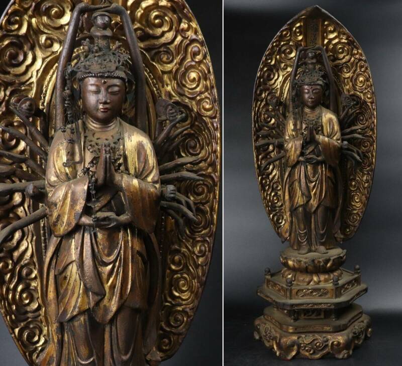 【T343】仏教美術 室町～江戸初期 木彫 千手観音像 仏像 約53㎝