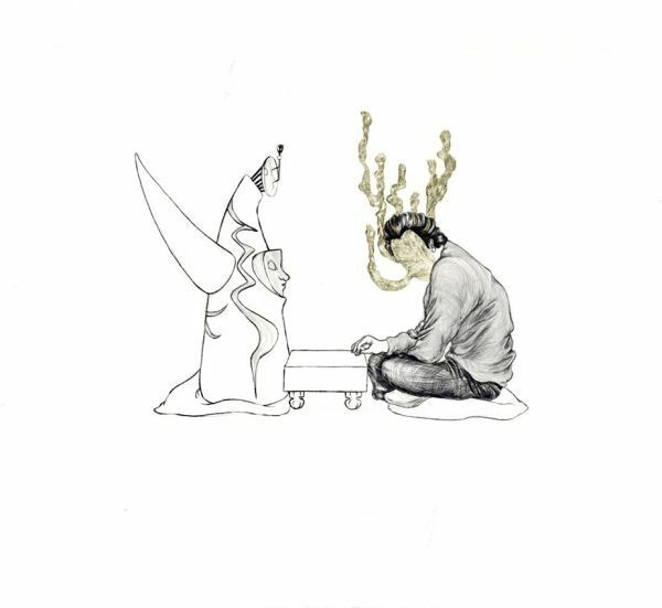 束芋版画「太陽の塔と将棋」　銅版画　限15　裏にサイン、年記　35×38.5　S:42×46　2018　Tabaimo