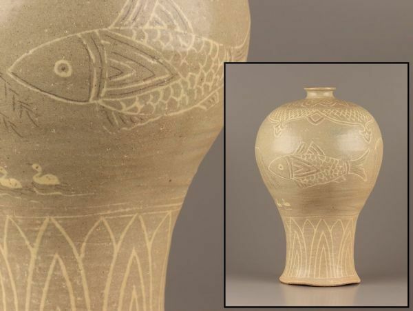 古美術 朝鮮古陶磁器 高麗青磁 白黒象嵌 梅瓶 時代物 極上品 初だし品 C4209