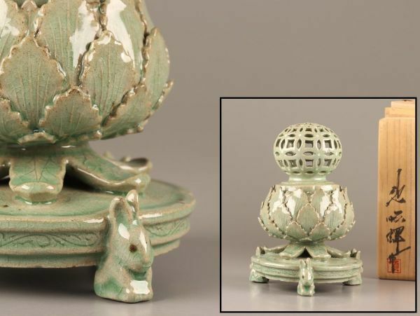 古美術 朝鮮美術 韓国人間国宝 池順鐸 高麗青磁 香炉 共箱 極上品 初だし品 C4305