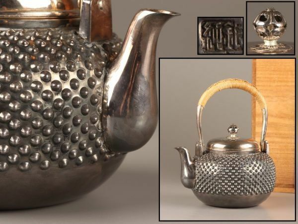 煎茶道具 純銀 刻印 霰地紋 銀瓶 湯沸し 急須 852g 時代物 極上品 初だし品 C4370