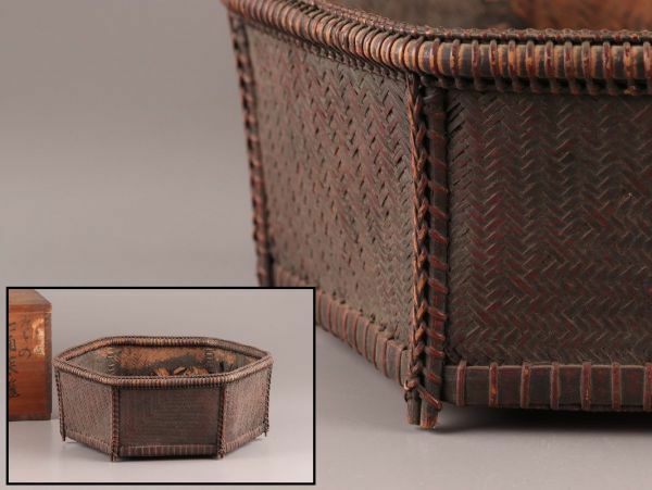 古美術 煎茶道具 古竹造 網代細工 六角 炭斗 時代物 極上品 初だし品 C4529
