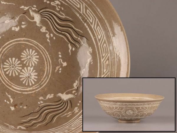 古美術 朝鮮古陶磁器 高麗青磁 白黒象嵌 鉢 時代物 極上品 初だし品 C4474