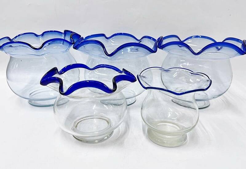 ガラス金魚鉢 まとめて 5点 フリル 金魚鉢 ガラス鉢 鉢 クリアガラス ガラス製 ボウル 水槽 ガラス細工 ブルー 昭和レトロ