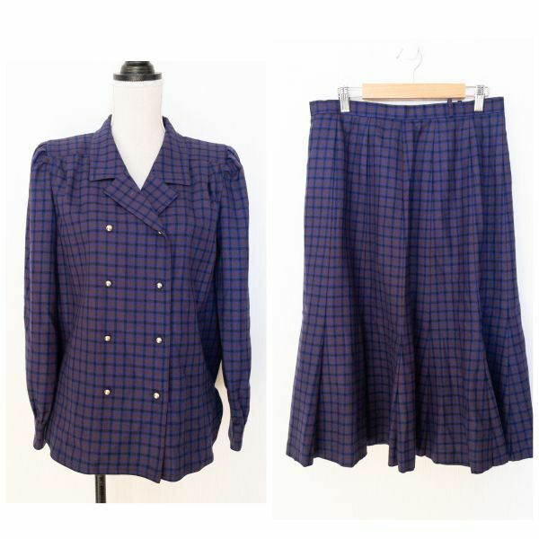 即決 830496 Leilian レリアン スカートスーツ 13+ 紫 パープル チェック柄 レディース 大きいサイズ