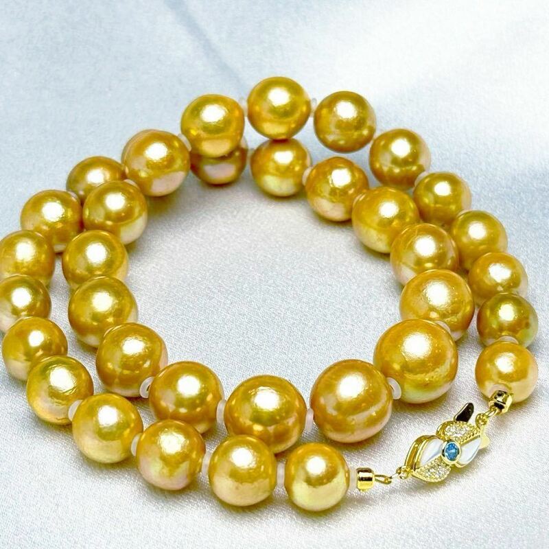 綺麗！茶金！有核！本真珠×タンザナイトと母貝殻10-14mm天然パール42cm ゴールドパールネックレス jewelry necklace pearl
