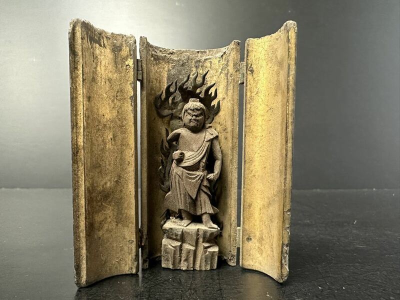 [KA473] 豆仏 仏教美術 不動明王像 仏像 木彫 古仏 仏 不動明王 厨子入