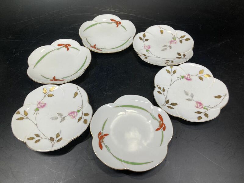 有田焼 香蘭社 梅形銘々皿 6枚セット 薔薇 色絵金彩 欄の図 取皿 和皿揃 和食器