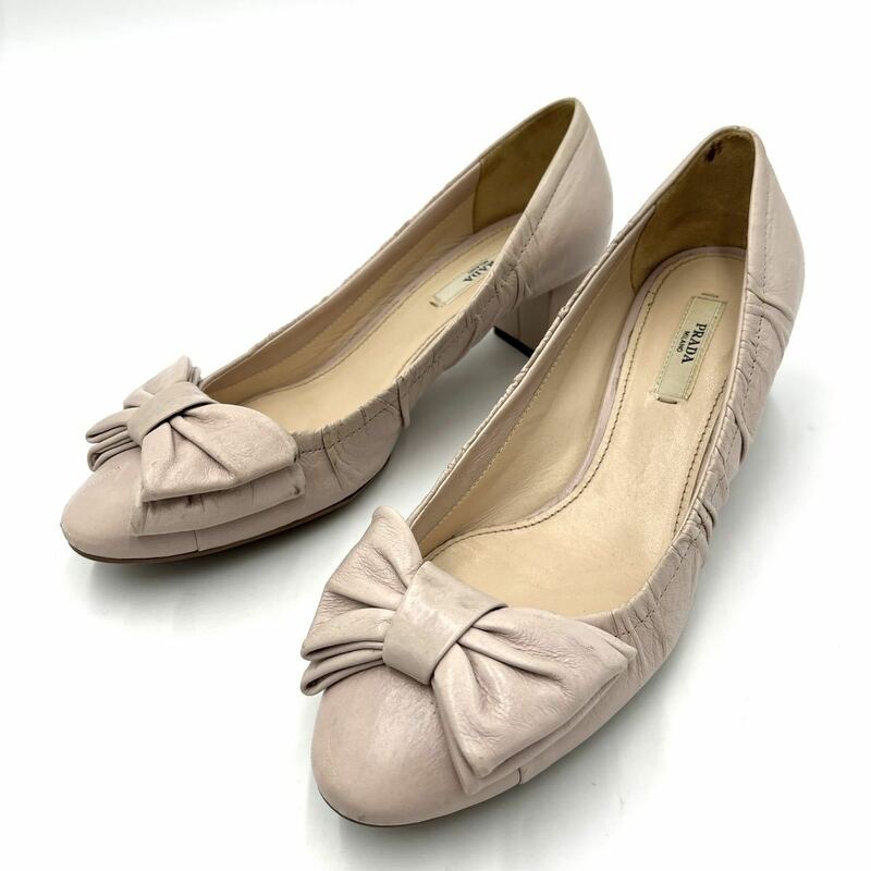 Z ＊ イタリア製 '高級感溢れる' PRADA プラダ 本革 リボン装飾 ヒール / パンプス EU37 23.5cm レディース 婦人靴 シューズ 