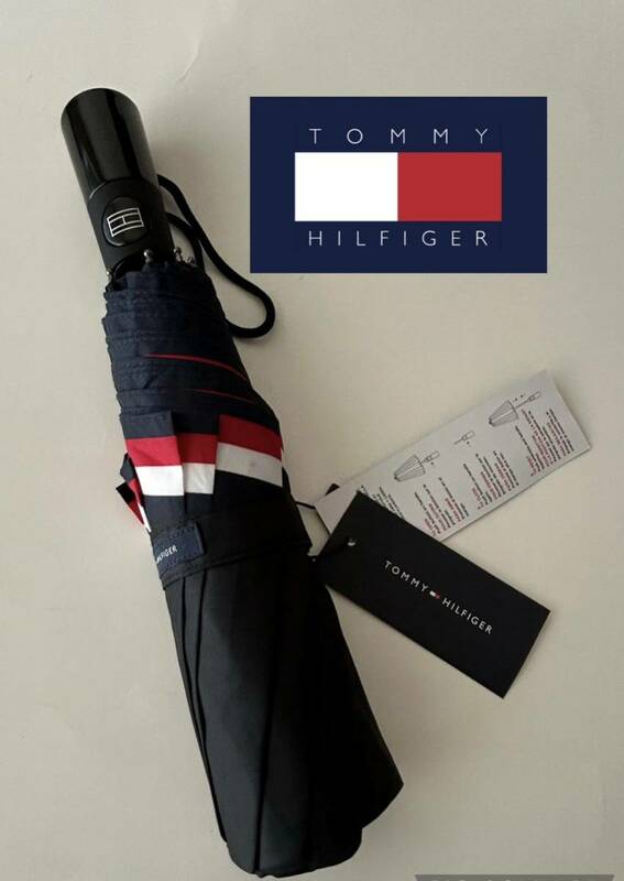 【送料無料】新品■トミー ヒルフィガー TOMMY HILFIGER 自動開閉 アンブレラ 傘 折り畳み傘 ワンプッシュ 黒　雨傘１