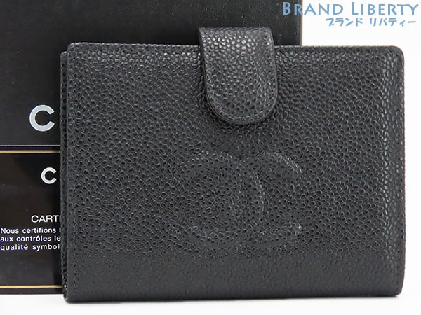 外超美品 シャネル ヴィンテージ ココマーク キャビアスキン 二つ折りがま口財布 コンパクト財布 ブラック A13497