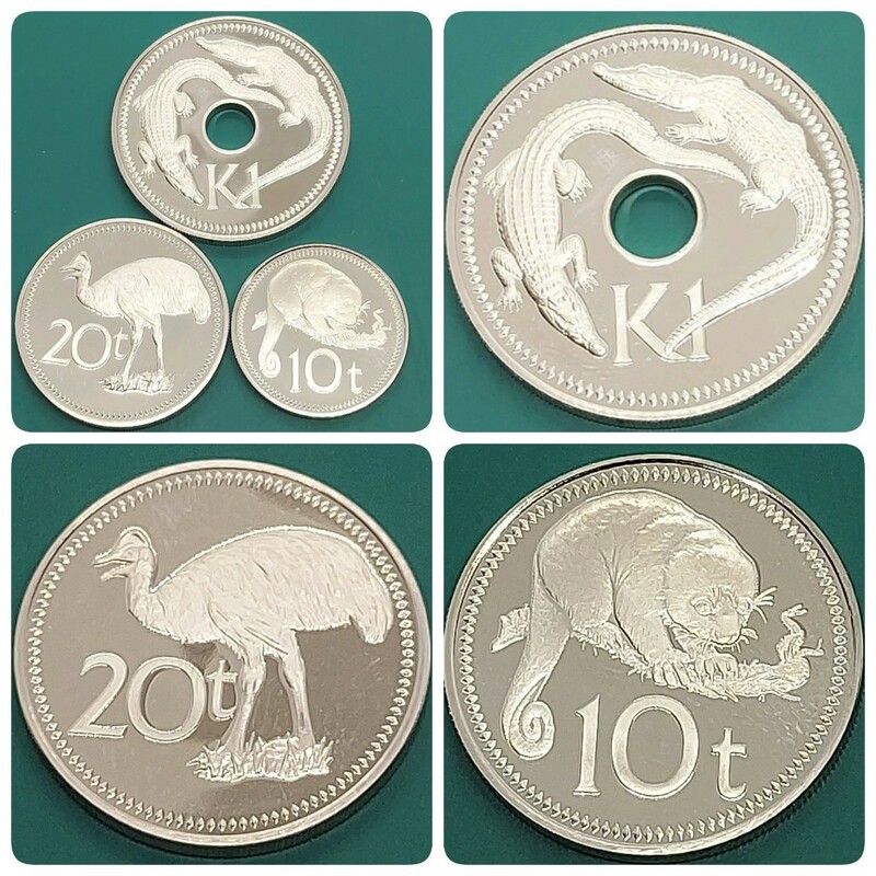 【60208】未使用品　パプアニューギニア　1975年　1キナ　20トエア　10トエア　おまとめ3点　世界コイン　硬貨　貨幣